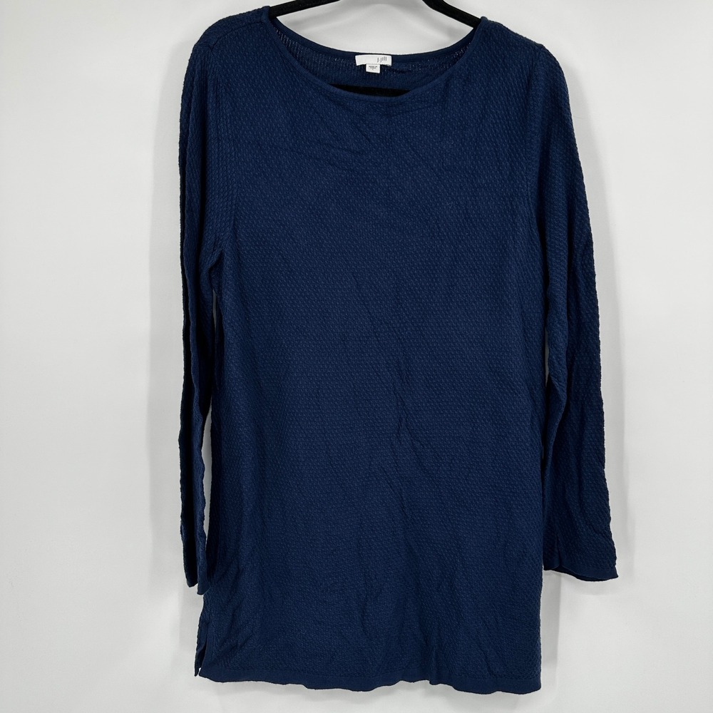 J Jill Navy Blue Textured Popcorn Knit Tunic Sweater Large Coastal Grandma